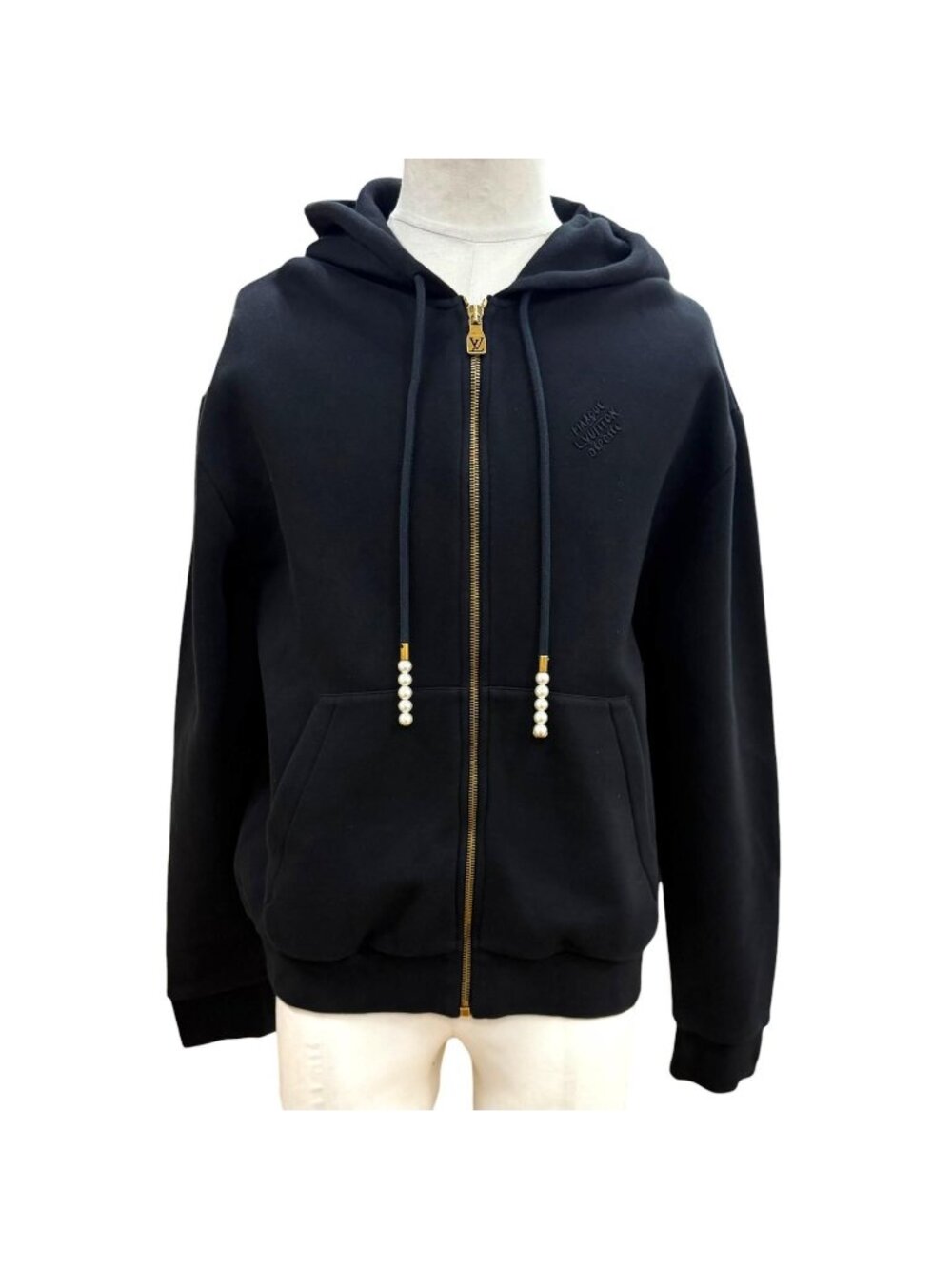Louis Vuitton Logo Embroidery Embroidered Zip Jersey Hoodie Black
